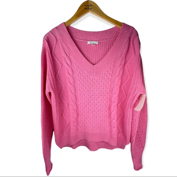 ABOUND Cable Knit Sweater Pink Aurora Cotton V-Neck Pullover High Low Hem - Picture 3 of 6